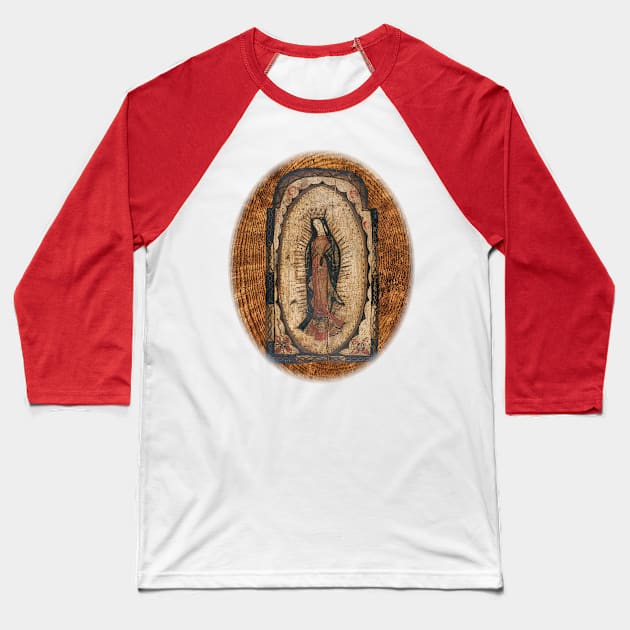 Our Lady of Guadalupe Virgin Mary Wood Look Baseball T-Shirt by hispanicworld